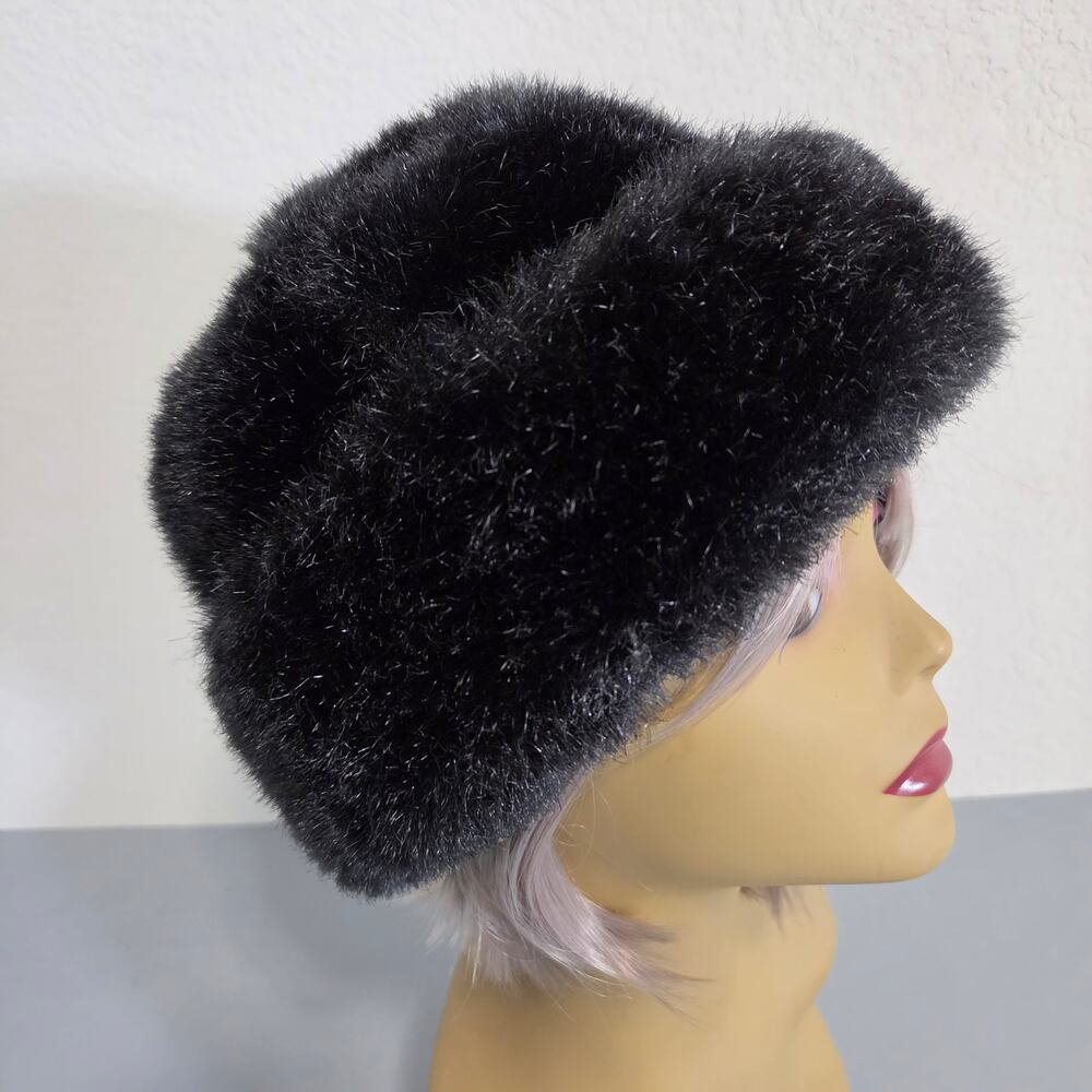 Black Faux Fur Bucket Hat Womens One Size Fuzzy Winter Hat Glam Statement Dressy
